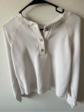 White Waffle Knit Henley Pullover